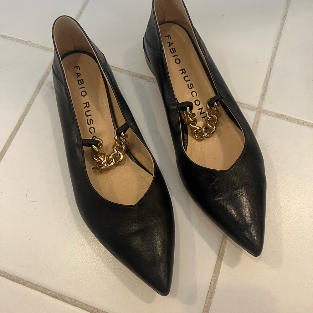 Black Leather Flats with Gold Chain